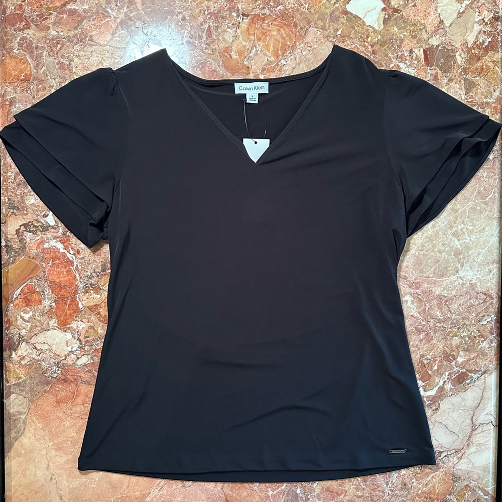 Calvin Klein Flutter Sleeve Popover Top Black Size LARGE